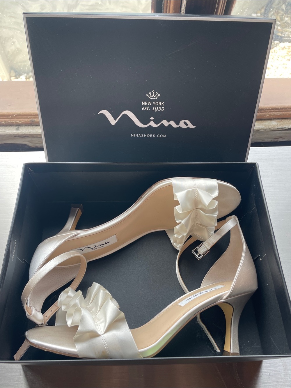 Nina Ivory Satin Ruffle Ankle-Strap Heels